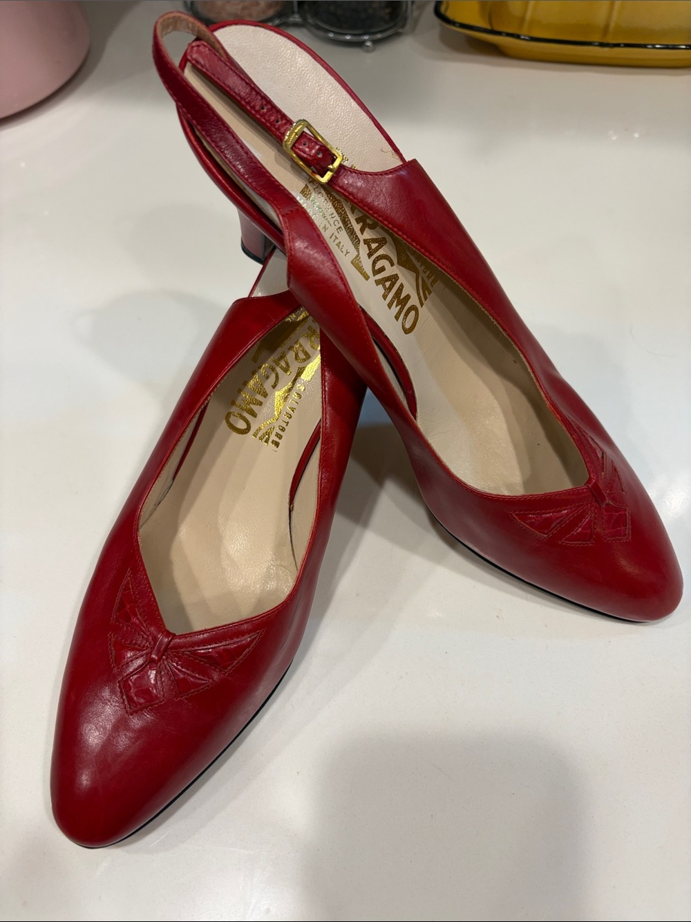 Salvatore Ferragamo Red Leather Slingback Pumps with Gold Buckle